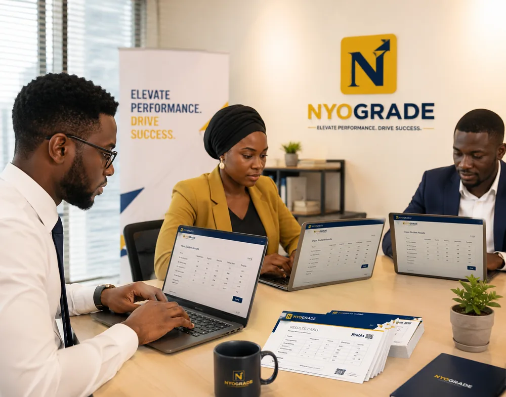 The NyoGrade team entering student results and preparing report cards