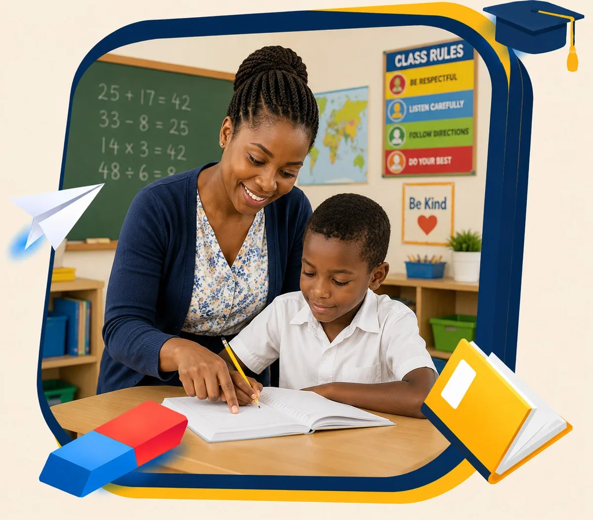 A teacher guiding a primary school pupil through their work